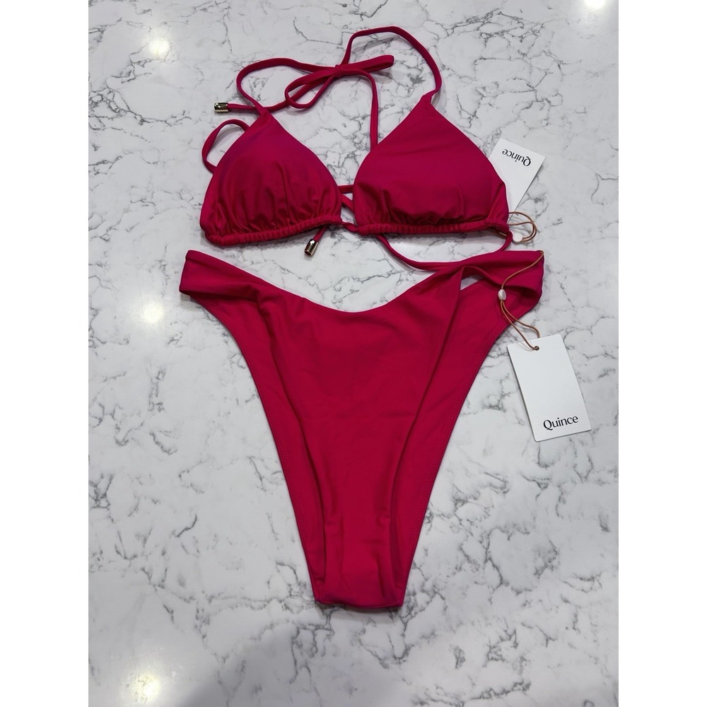 NWT Quince Berry Pink Italian Triangle Bikini Top & Dipped High Leg Bottom